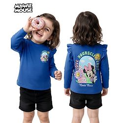 Babyhug Disney Single Jersey Knit Full Sleeves T-Shirt with Minnie Mouse Front & Back Graphic & Frill Detailing - Blue