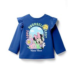 Babyhug Disney Single Jersey Knit Full Sleeves T-Shirt with Minnie Mouse Front & Back Graphic & Frill Detailing - Blue