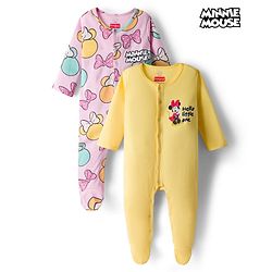 Babyhug Disney Interlock Knit Full Sleeves Sleepsuits With Minnie Mouse Graphics Pack Of 2 - Yellow & Pink