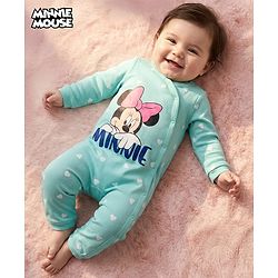 Babyhug Disney Interlock Knit Full Sleeves Romper with Minnie Mouse Graphics - Light Blue
