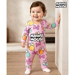 Babyhug Disney Interlock Knit Full Sleeves Romper with Minnie Mouse Graphics - Pink