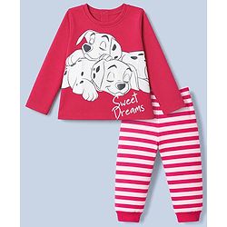 Babyhug Disney Single Jersey Knit Full Sleeves T-Shirt & Striped Pyjama Night Suit with Dalmatians Graphics - Red