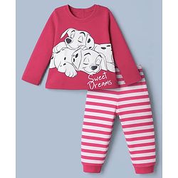 Babyhug Disney Single Jersey Knit Full Sleeves T-Shirt & Striped Pyjama Night Suit with Dalmatians Graphics - Red