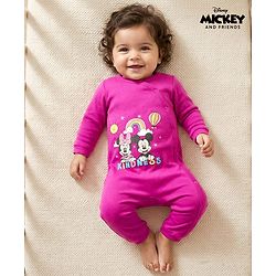 Babyhug Disney Interlock Knit Full Sleeves Romper with Minnie Mouse Graphics - Fuchsia