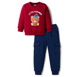 Babyhug Terry Knit Full Sleeves T-Shirt & Lounge Pant Set With Teddy Bear Print - Red & Blue