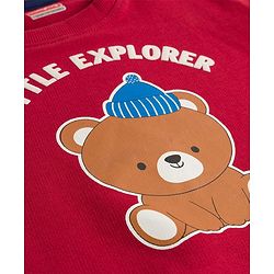 Babyhug Terry Knit Full Sleeves T-Shirt & Lounge Pant Set With Teddy Bear Print - Red & Blue