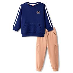 Babyhug Terry Knit Full Sleeves T-Shirt & Lounge Pant Set With Teddy Bear Badge - Navy Blue & Brown