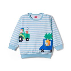 Babyhug Single Jersey Knit Full Sleeves T-Shirt & Lounge Pant Set with Animal Print & Stripes - Light Blue