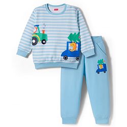 Babyhug Single Jersey Knit Full Sleeves T-Shirt & Lounge Pant Set with Animal Print & Stripes - Light Blue