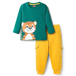 Babyhug Single Jersey Knit Full Sleeves T-Shirt & Lounge Pant Set with Tiger Graphic - Yellow & Green