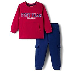 Babyhug Single Jersey Knit Full Sleeves Text Printed T-Shirt & Lounge Pant with Kangaroo Pockets - Red & Blue