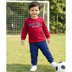 Babyhug Single Jersey Knit Full Sleeves Text Printed T-Shirt & Lounge Pant with Kangaroo Pockets - Red & Blue