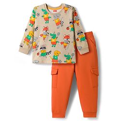 Babyhug Single Jersey Knit Full Sleeves Dino Printed T-Shirt & Lounge Pant Set - Orange