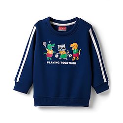 Babyhug Terry Knit Full Sleeves T-Shirt & Lounge Pant Set with Animal Graphic & Tape Detailing - Navy Blue