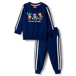 Babyhug Terry Knit Full Sleeves T-Shirt & Lounge Pant Set with Animal Graphic & Tape Detailing - Navy Blue