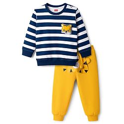 Babyhug Single Jersey Knit Full Sleeves Striped T-Shirt & Lounge Pant Set With Tiger Applique - Navy Blue & Yellow