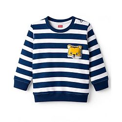 Babyhug Single Jersey Knit Full Sleeves Striped T-Shirt & Lounge Pant Set With Tiger Applique - Navy Blue & Yellow
