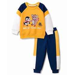 Babyhug Single Jersey Knit Full Raglan Sleeves T-Shirt & Lounge Pant Set With Animal Print - Yellow & Navy Blue