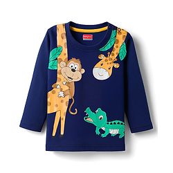 Babyhug Single Jersey Knit Full Sleeves T-Shirt & Lounge Pant Set with Animal Graphic - Yellow & Navy Blue