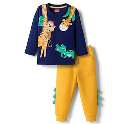 Babyhug Single Jersey Knit Full Sleeves T-Shirt & Lounge Pant Set with Animal Graphic - Yellow & Navy Blue