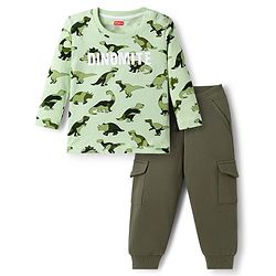 Babyhug Terry Knit Full Sleeves Dino Printed T-Shirt & Lounge Pant Set - Green