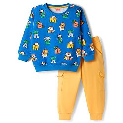 Babyhug Terry Knit Full Sleeves Alphabet Printed T-Shirt & Lounge Pant Set - Yellow & Blue