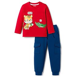 Babyhug Single Jersey Knit Full Sleeves T-Shirt & Lounge Pant Set With Animal Print - Red & Blue