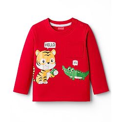Babyhug Single Jersey Knit Full Sleeves T-Shirt & Lounge Pant Set With Animal Print - Red & Blue