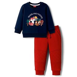 Babyhug Terry Knit Full Sleeves T-Shirt & Lounge Pant Set With Animal Print - Navy Blue & Maroon