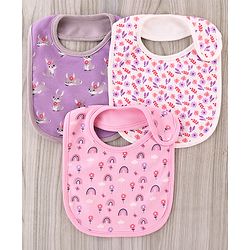 Babyhug 100% Interlock Cotton Velcro Closure Bibs Pack of 3 Rabbit, Rainbow & Floral Print Soft & Skin Friendly High Absorbent Material| Machine washable Newborn & Infant Feeding Essential.