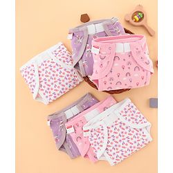 Babyhug 100% Interlock Cotton Reusable Printed Cloth Nappies with Velcro Closure Pack of 6 Rabbit, Rainbow and Flower Print  Small Size| Machine Washable| Soft & Skin Friendly