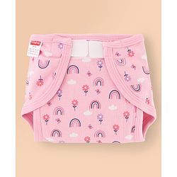 Babyhug 100% Interlock Cotton Reusable Printed Cloth Nappies with Velcro Closure Pack of 6 Rabbit, Rainbow and Flower Print  Small Size| Machine Washable| Soft & Skin Friendly