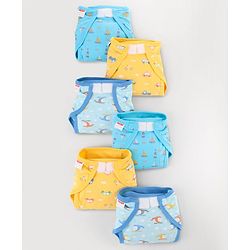 Babyhug 100% Interlock Cotton Reusable Printed Cloth Nappies with Velcro Closure Pack of 6 Helicopter, Boat & Car Print  Small Size| Machine Washable| Soft & Skin Friendly