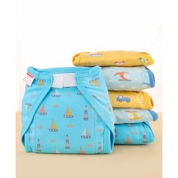 Babyhug 100% Interlock Cotton Reusable Printed Cloth Nappies with Velcro Closure Pack of 6 Helicopter, Boat & Car Print  Small Size| Machine Washable| Soft & Skin Friendly