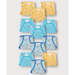 Babyhug 100% Interlock Cotton Reusable Velcro Closure Printed Cloth Nappies Small Size Pack of 12 Helicopter, Boat & Car Print| Breathable & Skin Friendly| High Absorbent Material| Machine Washable.