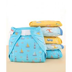 Babyhug 100% Interlock Cotton Reusable Velcro Closure Printed Cloth Nappies Small Size Pack of 12 Helicopter, Boat & Car Print| Breathable & Skin Friendly| High Absorbent Material| Machine Washable.