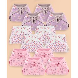 Babyhug 100% Interlock Cotton Double Layer Nappy Rabbit, Rainbow and Flower Print Pack of 12 - Extra Small Size| Machine Washable| Soft & Skin Friendly| Tie Knot Style