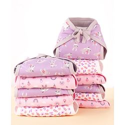 Babyhug 100% Interlock Cotton Double Layer Nappy Rabbit, Rainbow and Flower Print Pack of 12 - Extra Small Size| Machine Washable| Soft & Skin Friendly| Tie Knot Style
