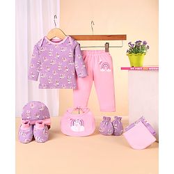 Babyhug 100% Interlock Cotton Clothing Gift Set for Newborn Rabbit Print Pack of 8 - Multicolour