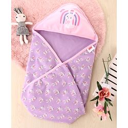 Babyhug 100 % Interlock Cotton Single Ply Double Layer Hooded Wrapper Rabbit Print| Adjustable Design| Soft Breathable| All Season| Machine washable| New Born Gifting for Boys & Girls  Purple