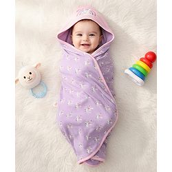 Babyhug 100 % Interlock Cotton Single Ply Double Layer Hooded Wrapper Rabbit Print| Adjustable Design| Soft Breathable| All Season| Machine washable| New Born Gifting for Boys & Girls  Purple