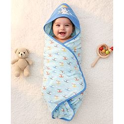 Babyhug 100 % Interlock Cotton Single Ply Double Layer Hooded Wrapper Helicopter Print| Adjustable Design| Soft Breathable| All Season| Machine washable| New Born Gifting for Boys & Girls  Blue
