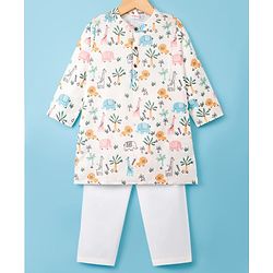 Babyhug Cotton Cambric Woven Full Sleeves Kurta Pyjama Set with Animal Print - Off White