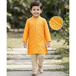 Babyhug Woven Full Sleeves Kurta Pajama Set With Textured Design - Mustard