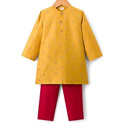 Babyhug Woven Full Sleeves Kurta Pajama Set With Floral Embriodery - Mustard