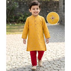 Babyhug Woven Full Sleeves Kurta Pajama Set With Floral Embriodery - Mustard