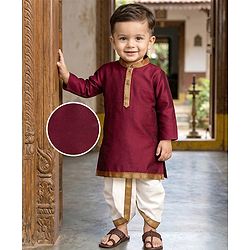 Babyhug Woven Full Sleeves Kurta Dhoti Set With Lace Detailing - Maroon