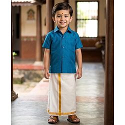 Babyhug Woven Half Sleeves Kurta Mundu Set - Blue