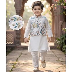 Babyhug Woven Full Sleeves Kurta Pajama Set With Floral Embroidered Jacket - White