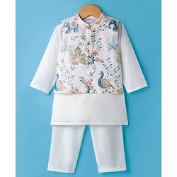 Babyhug Woven Full Sleeves Kurta Pajama Set With Floral Embroidered Jacket - White